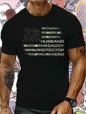 Men’s XL Patriotic Graphic T-Shirt Husband Daddy Protector Hero Black
